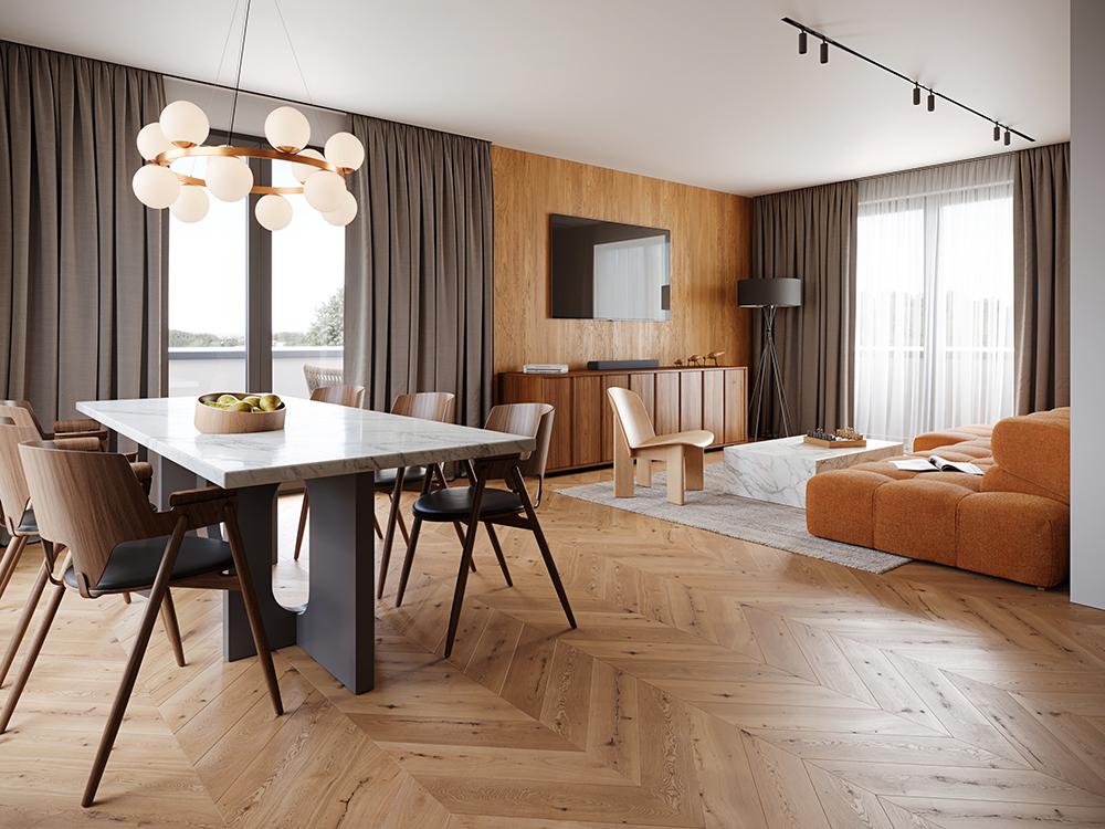 Bild Neubau Eigentumswohnungen Elisabeth-Hauertmann-Straße Gütersloh: Visualisierung eines hellen Wohnzimmers