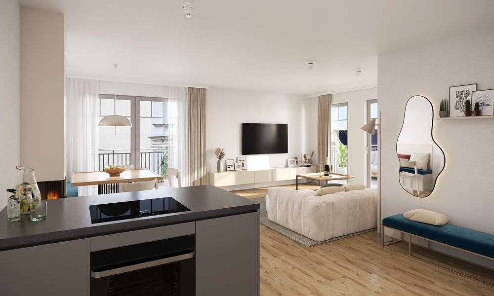 Bild Neubau Eigentumswohnungen Neue Dünenstraße  Heringsdorf: Visualisierung eines hellen Wohnzimmers