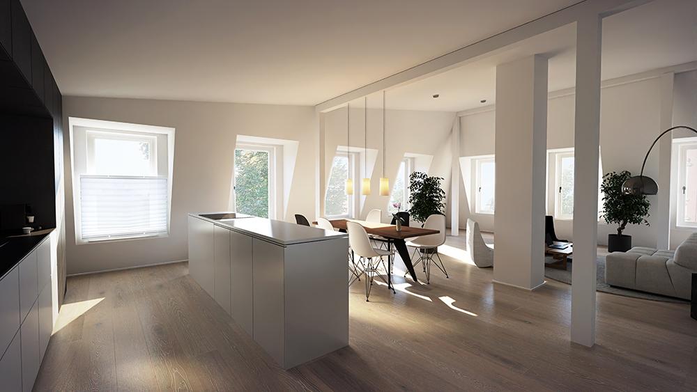 Bild Neubau Eigentumswohnungen Hoyastraße Münster: Visualisierung eines hellen Wohnzimmers