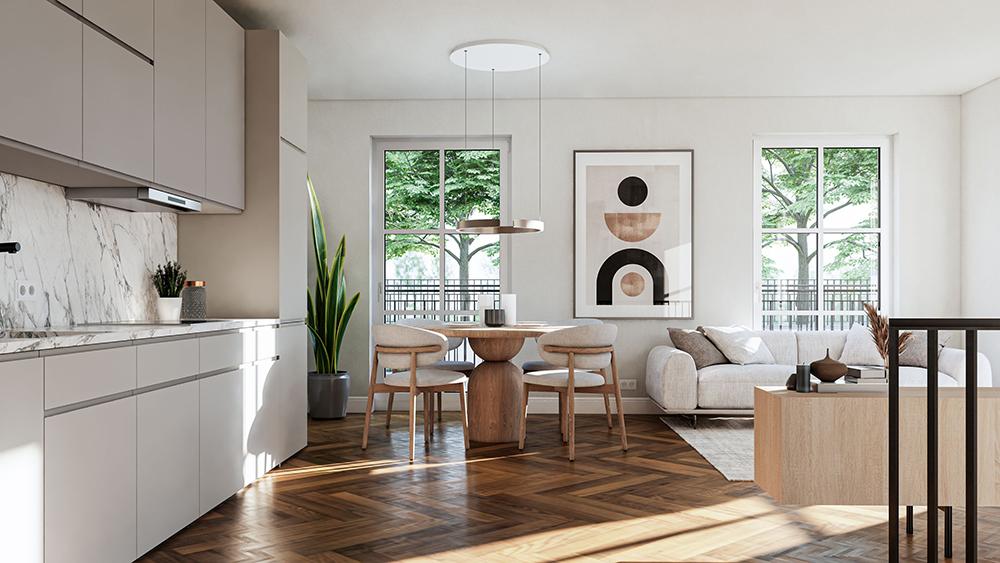 Bild Neubau Eigentumswohnungen Mangfallstraße München: Visualisierung einer offenen Wohnküche
