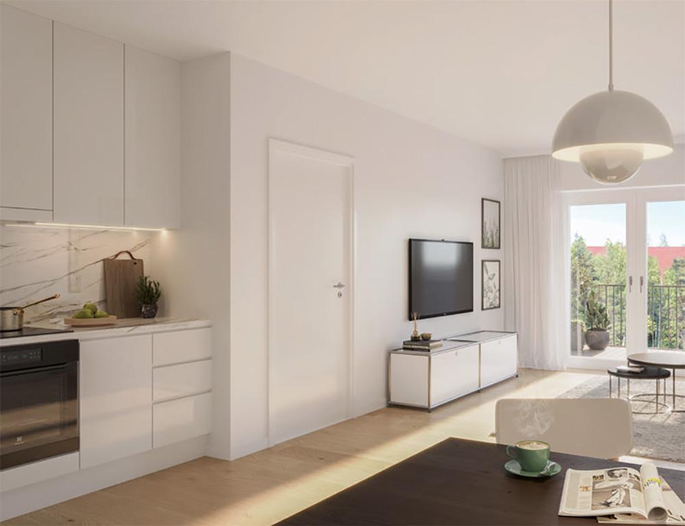 Bild Neubau Eigentumswohnungen und Häuser Giesener Straße Sarstedt: Visualisierung einer hellen Wohnküche