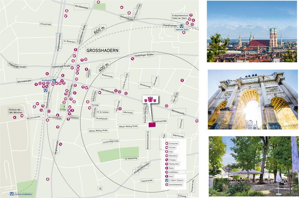 Bild Neubau Eigentumswohnungen Canisiusstraße München: Bildcollage aus einer Lagekarte und Ansichten von München