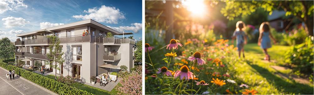 Bild Neubau Eigentumswohnungen Canisiusstraße München: Bildcollage aus Mehrfamilienhaus und Kindern auf einer Wiese