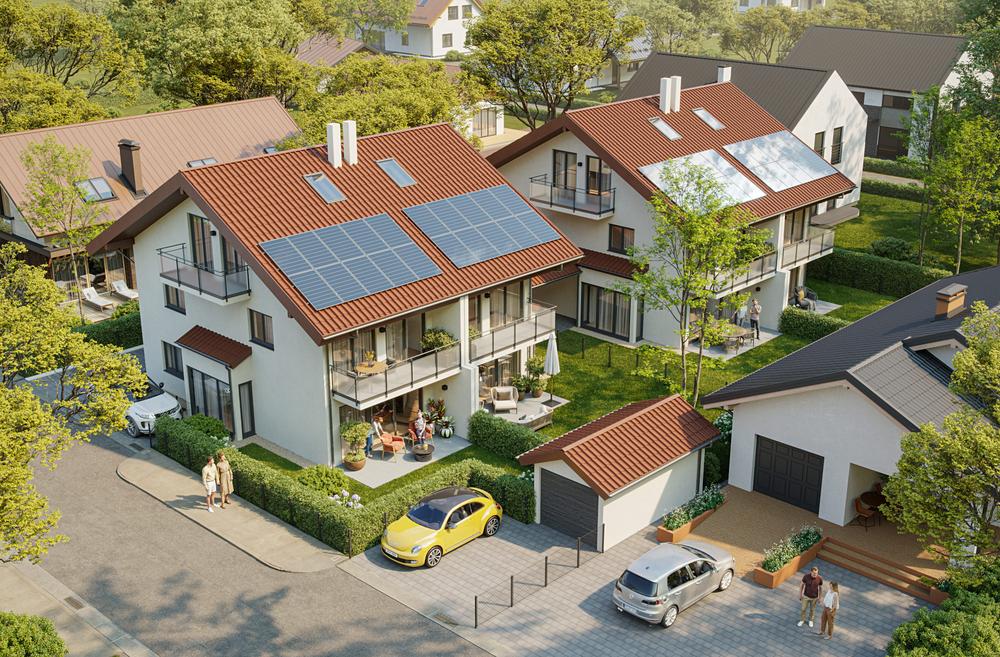 Bild Neubauprojekt Palnkamer Straße 47, Otterfing: Vogelperspektive Doppelhäuser mit Terrasse und Garten