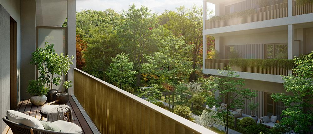 Bild Neubau Eigentumswohnungen Leopoldstraße München: Visualisierung eines Balkons mit Blick in den Innenhof