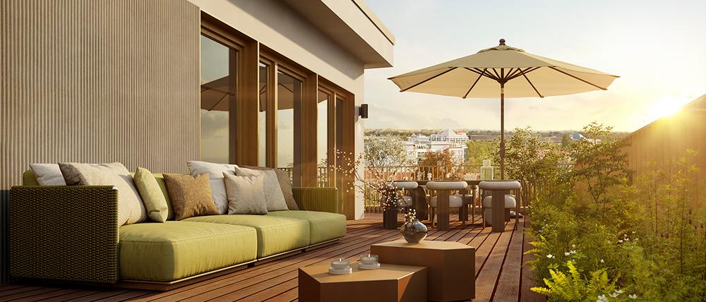 Bild Neubau Eigentumswohnungen Leopoldstraße München: Visualisierung einer sonnigen Dachterrasse