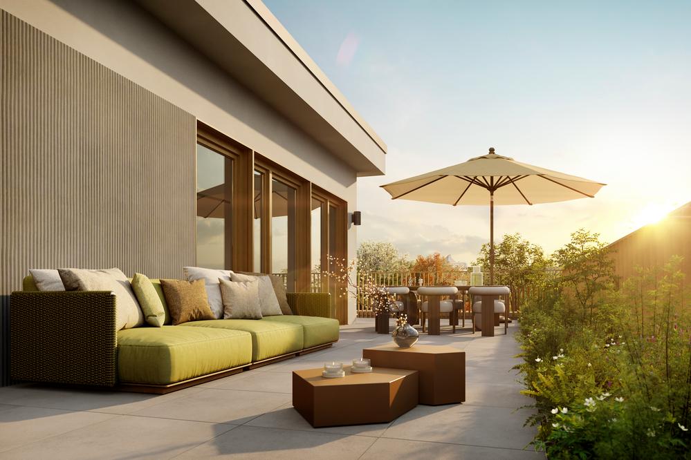 Bild Neubau Eigentumswohnungen Leopoldstraße München: Visualisierung einer sonnigen Dachterrasse