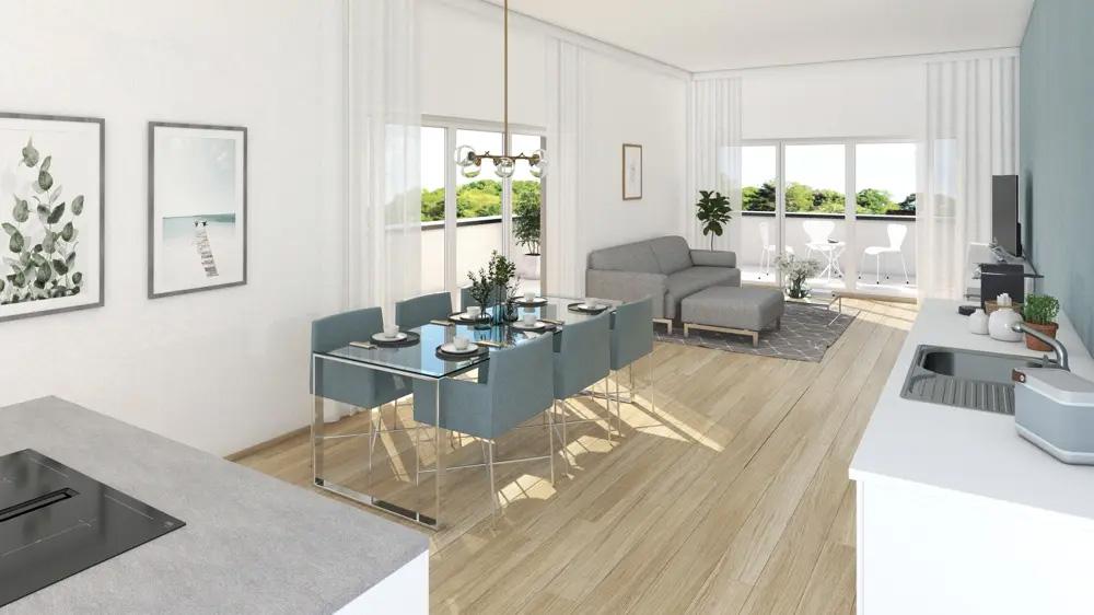 Bild Neubau Eigentumswohnungen Dornierstraße Germering: Visualisierung einer offenen Wohnküche