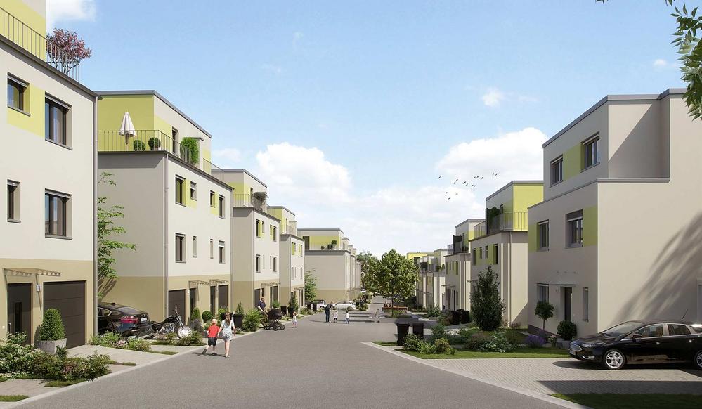 Bild Neubau Eigentumswohnungen und Häuser Hermann-Rosenstock-Weg: Visualisierung eines Mehrfamilienhauses mit Blick in den Innenhof