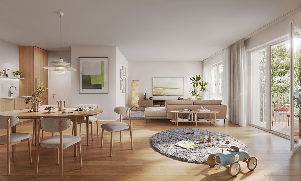 Bild Neubau Eigentumswohnungen Bertha-von-Suttner-Platz Halle Saale: Visualisierung eines hellen Wohnzimmers