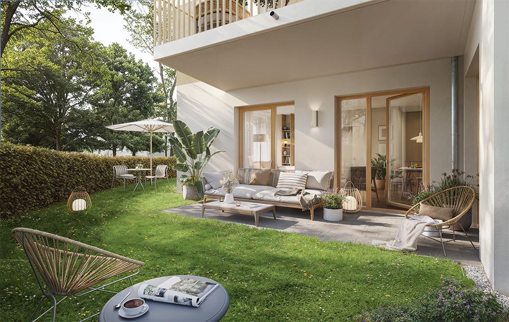 Bild Neubau Eigentumswohnungen Bertha-von-Suttner-Platz Halle Saale: Visualisierung einer Terrasse