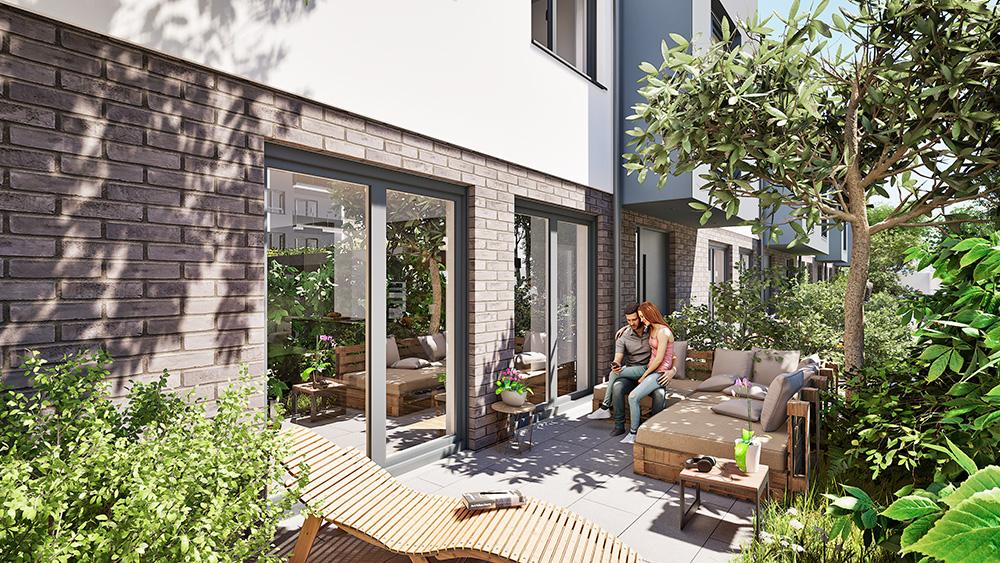 Bild Neubau Eigentumswohnungen und Häuser Leyendeckerstraße Köln: Visualisierung einer Terrasse mit Menschen