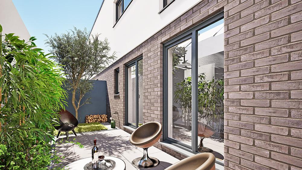 Bild Neubau Eigentumswohnungen und Häuser Leyendeckerstraße Köln: Visualisierung einer Terrasse mit Menschen