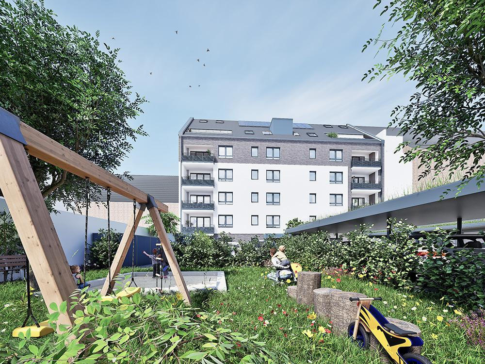Bild Neubau Eigentumswohnungen und Häuser Leyendeckerstraße Köln: Visualisierung eines Mehrfamillienhauses mit Garten