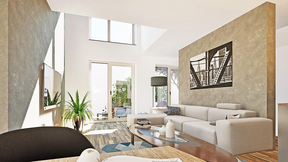 Bild Neubau Eigentumswohnungen und Häuser Leyendeckerstraße Köln: Visualisierung eine modernen Wohnzimmers