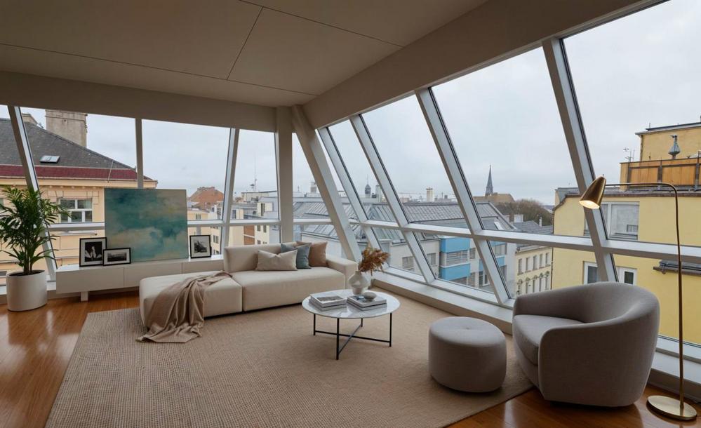 Bild Kernsanierung Eigentumswohnungen Abt-Karl-Gasse und Schulgasse Wien: Bild eines Wohnzimmers mit Panoramafenster