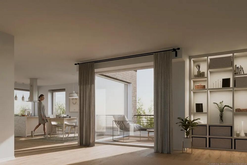 Bild Neubau Eigentumswohnungen Abdenastraße Emden: Visualisierung eines hellen Zimmers mit Zugang zum Balkon