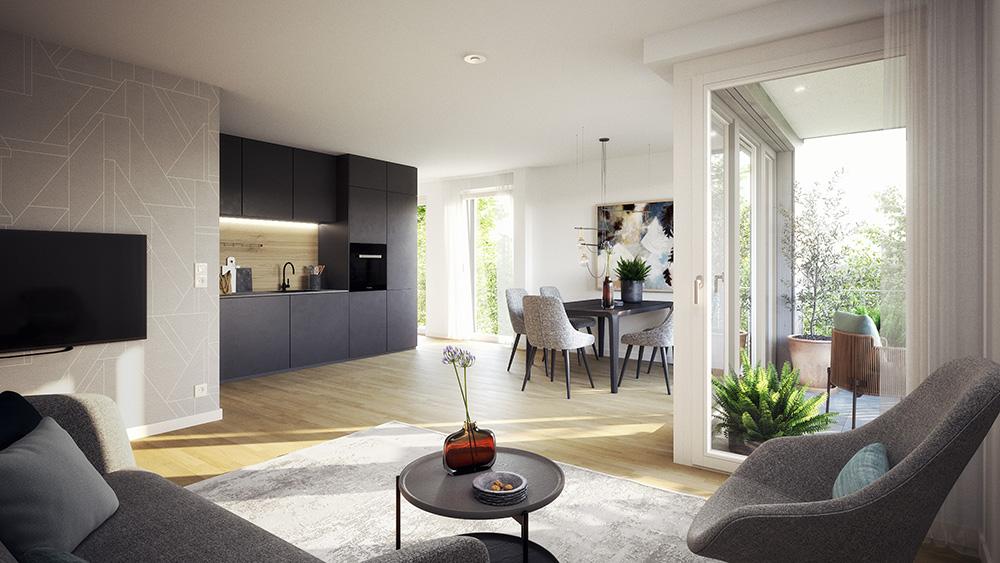 Bild Neubau Eigentumswohnungen Mariabrunner Straße München: Visualisierung eines hellen Wohnzimmers