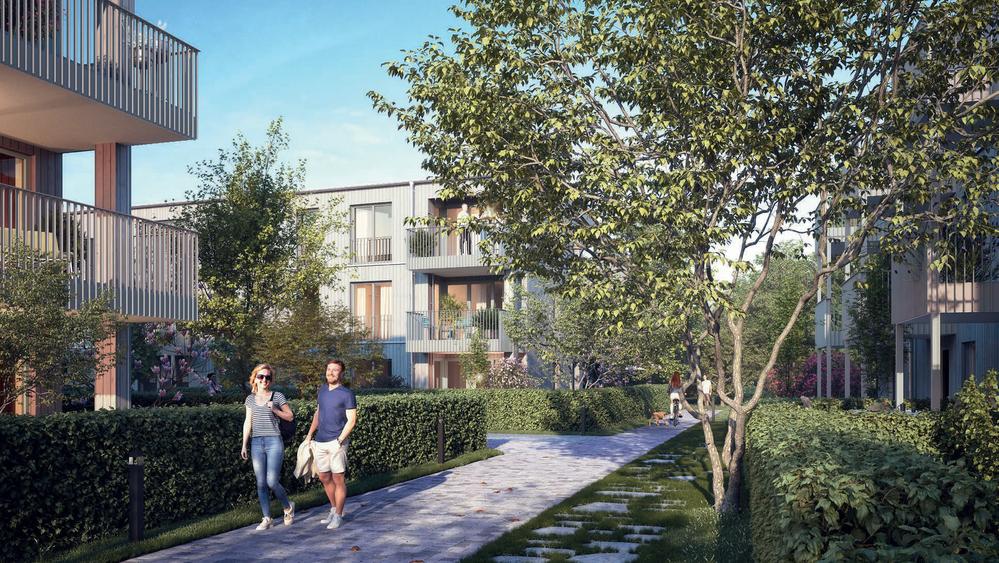 Bild Neubau Eigentumswohnungen Mariabrunner Straße München: Visualisierung eines Innehofs mit Menschen