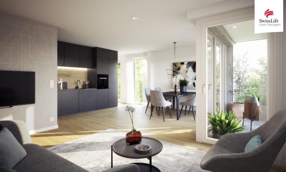 Bild Neubau Eigentumswohnungen Mariabrunner Straße München: Visualisierung eines hellen Wohnzimmers