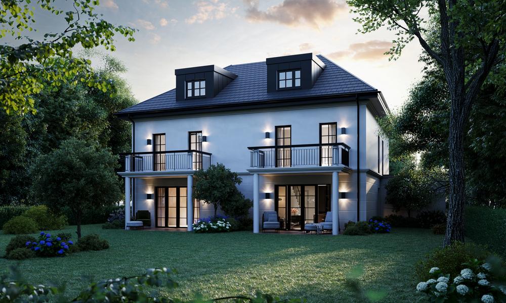 Bild Neubau Doppelhaushälfte Rabensteinstraße 26, München, Außenansicht eines Doppelhauses mit Garten