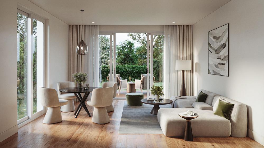 Bild Neubau Häuser Cornehlsweg Hamburg: Visualisierung eines modernen Wohnzimmers