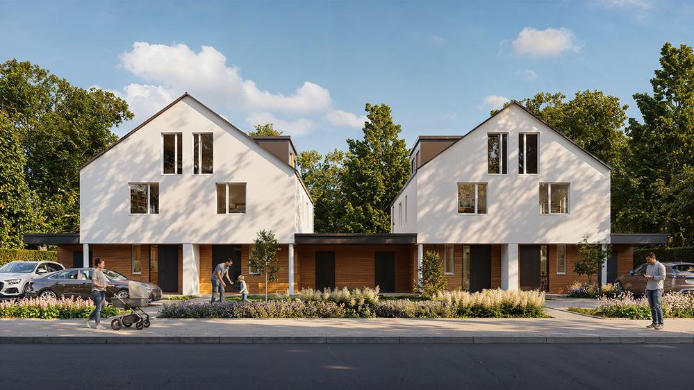 Bild Neubau Häuser Cornehlsweg Hamburg: Straßenansicht zweier Doppelhäuser