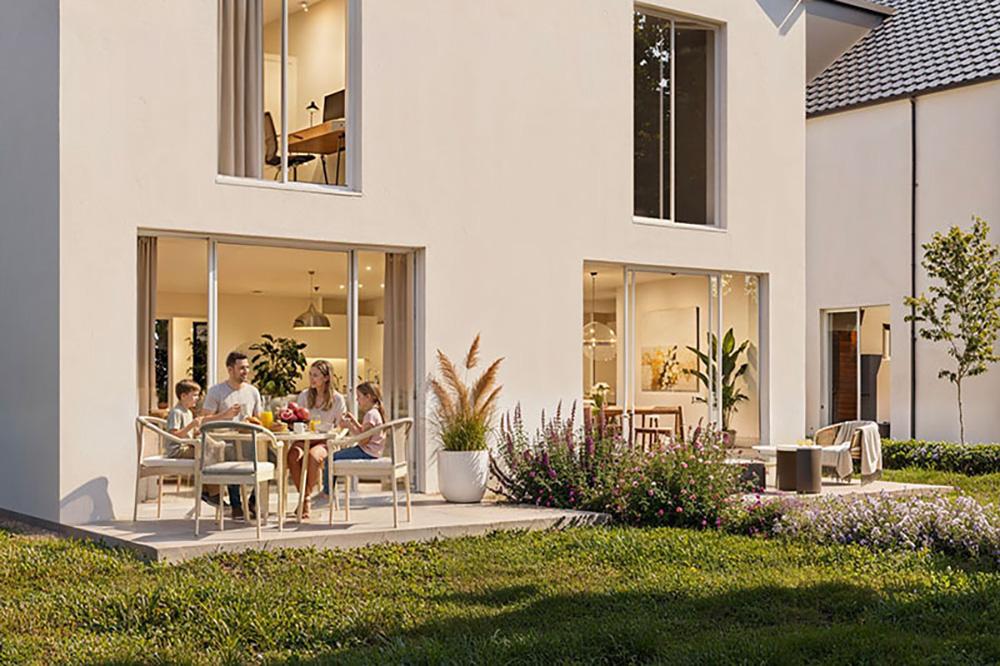 Bild Neubau Häuser Cornehlsweg Hamburg: Visualisierung einer Terrasse mit Menschen