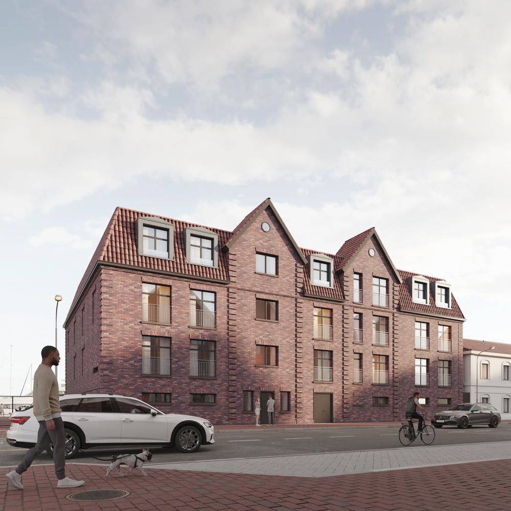 Bild Neubau Eigentumswohnungen Hafenstraße Heiligenhafen: Visualisierung eines Mehrfamilienhauses mit Menschen