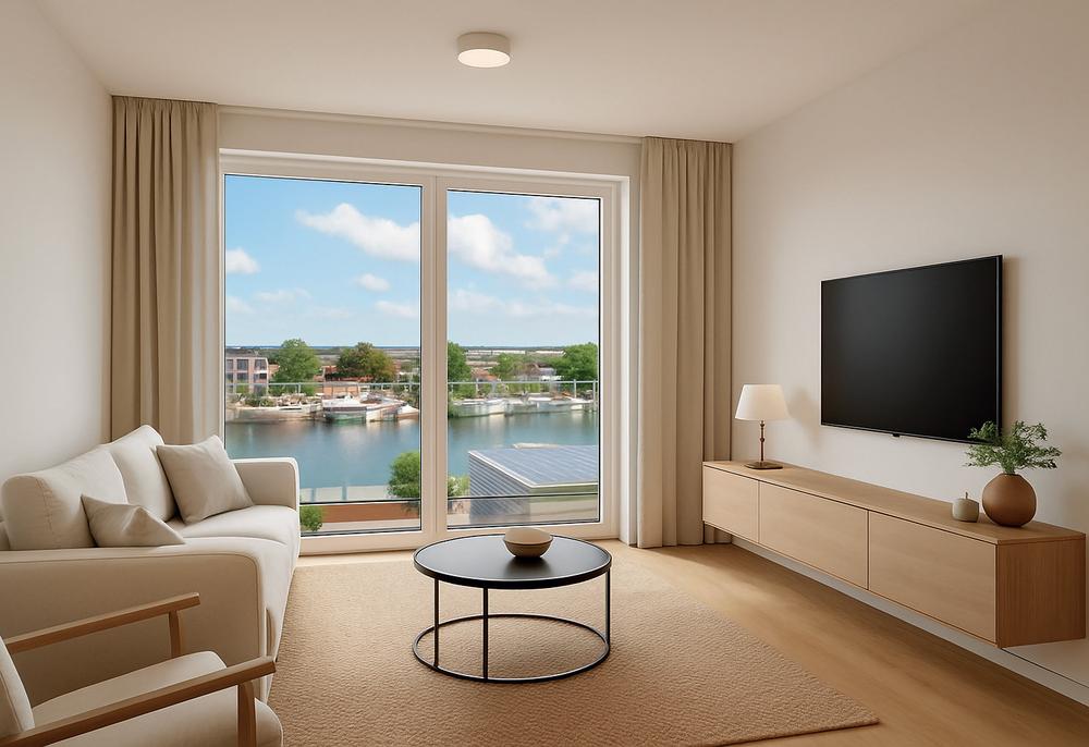 Bild Neubau Eigentumswohnungen Hafenstraße Heiligenhafen: Visualisierung eines modernen Wohnzimmers