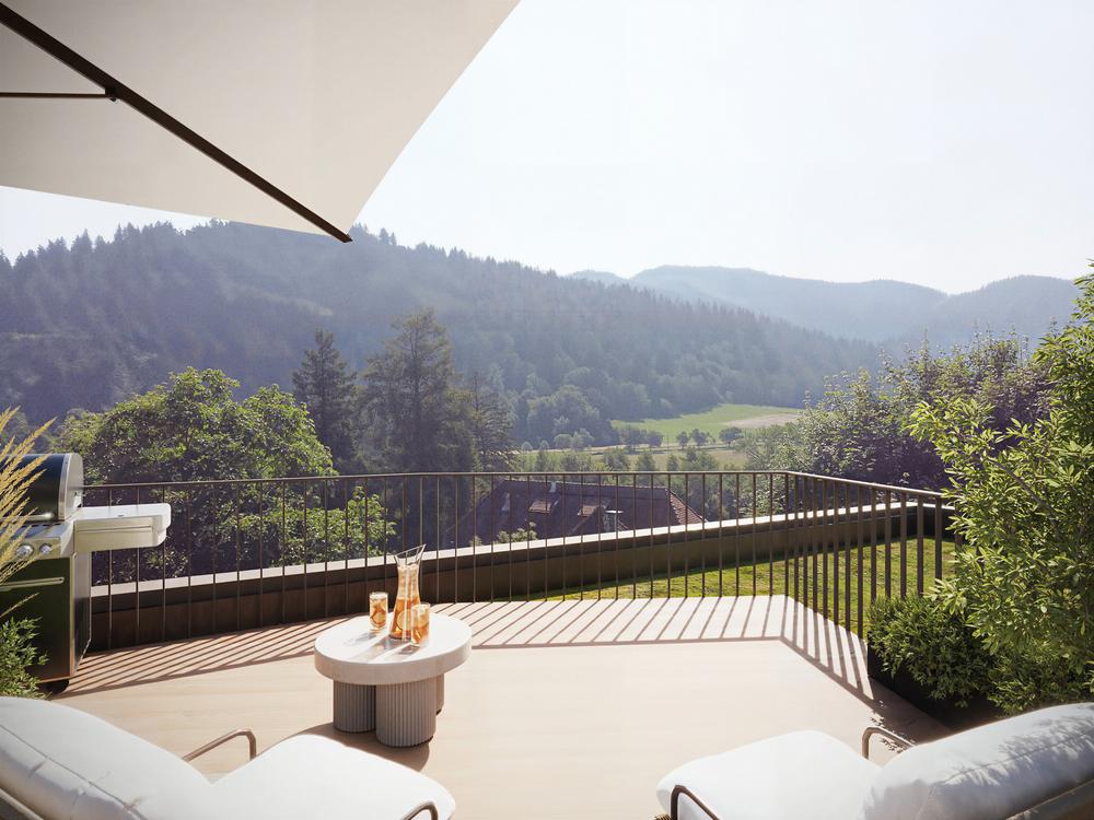 Bild Neubau Eigentumswohnungen Stephanienstraße Freiburg im Breisau: Visualisierung eines hellen Zimemrs mit Blick auf den geöffneten Balkon