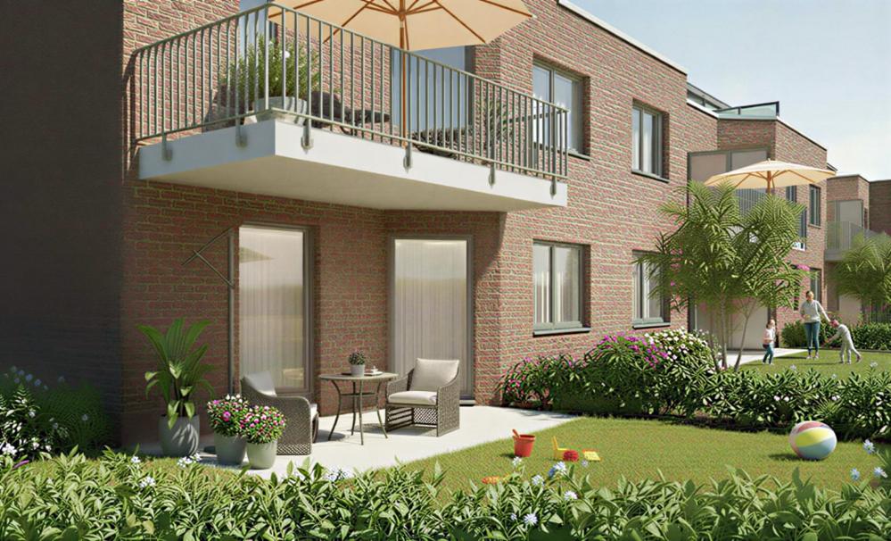 Bild Neubauprojekt SOOLA Außenvisualisierung Balkon und Terrasse mit Garten, Reppenstedt: Visualisierung einer Terrasse