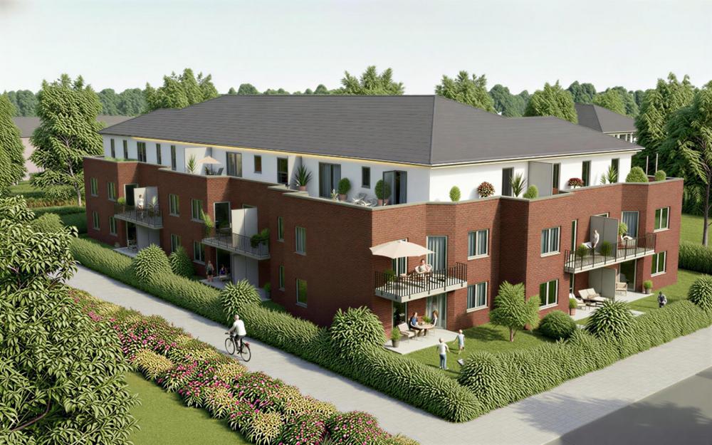 Bild Neubauprojekt SOOLA Gebäude mit roter Klinkerfassade, Balkonen und Terrassen, Reppenstedt