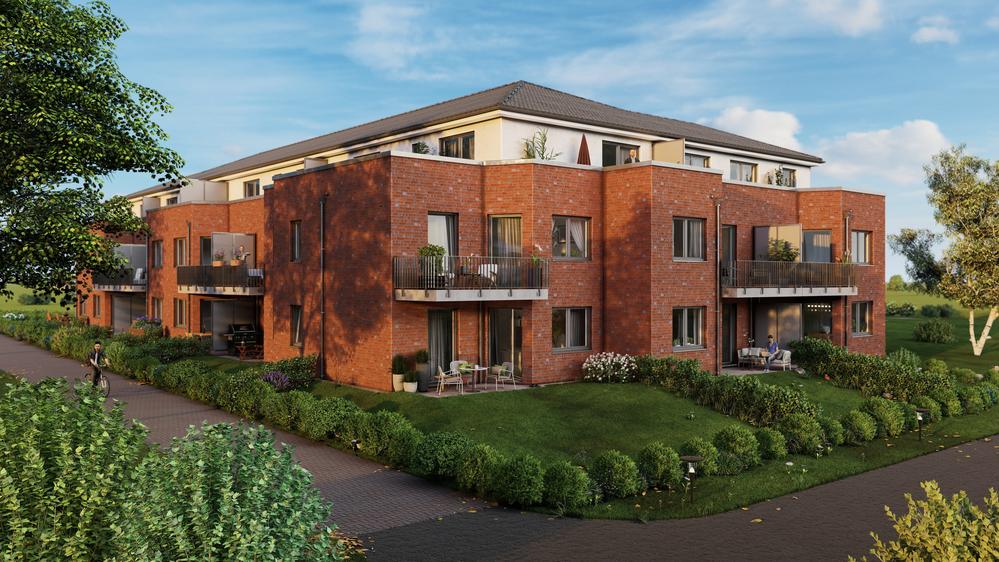 Bild Neubauprojekt SOOLA Außenvisualisierung Balkon und Terrasse mit Garten, Reppenstedt: Visualisierung einer Terrasse