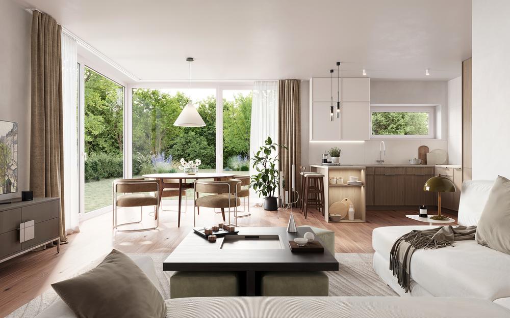 Bild Neubau Eigentumswohnungen Wellingsbütteler Landstraße Hamburg: Visualisierung eines hellen Wohnzimmers