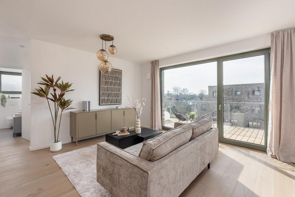 WIDOliving Köln new-build project: visualisation of a bright living room