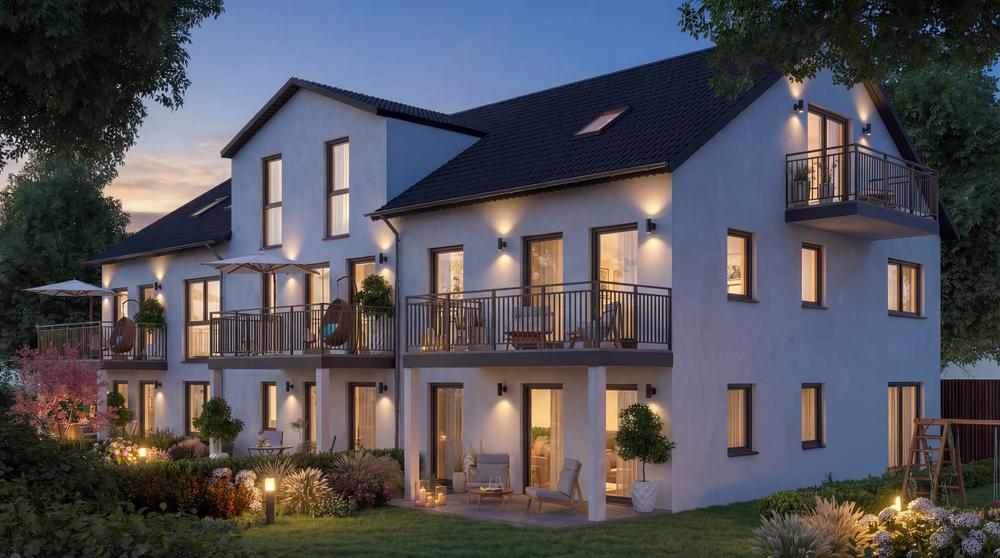 Bild Neubau Eigentumswohnungen An den Weichser Breiten Regensburg: Nachtansicht eines Mehrfamilienhauses