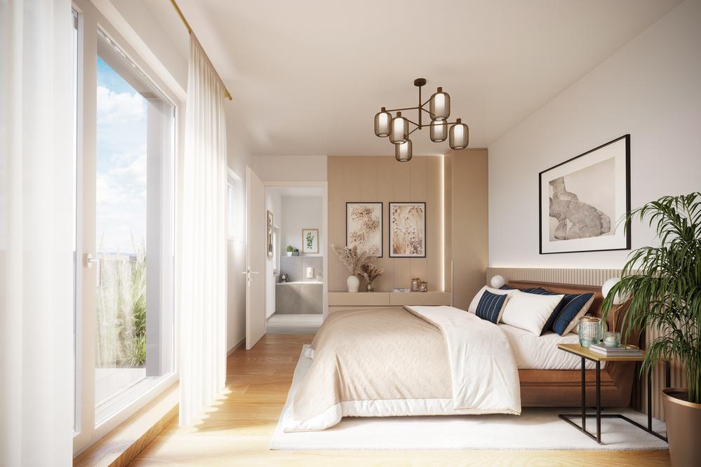 Bild Neubau Eigentumswohnungen Jägerstraße Karlsfeld: Visualisierung eines hellen Wohnzimmers