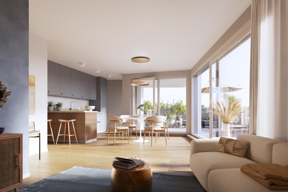 Bild Neubau Eigentumswohnungen Jägerstraße Karlsfeld: Visualisierung eines hellen Wohnzimmers
