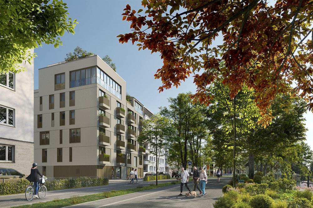 Bild Neubau L'Isar, München, Wohnsiedlung mit viel Grün und Spaziergängern