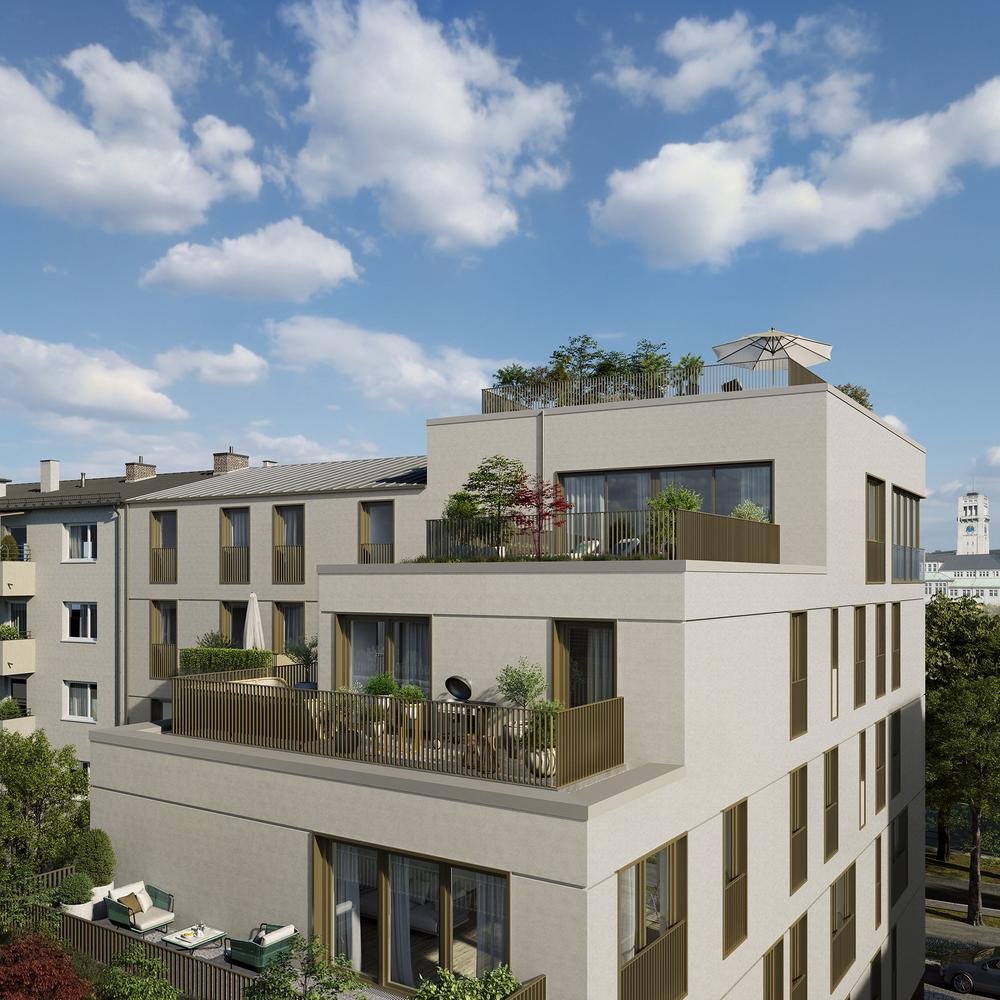 Bild Neubau L'Isar, München, Blick auf Balkon und Dachterrasse