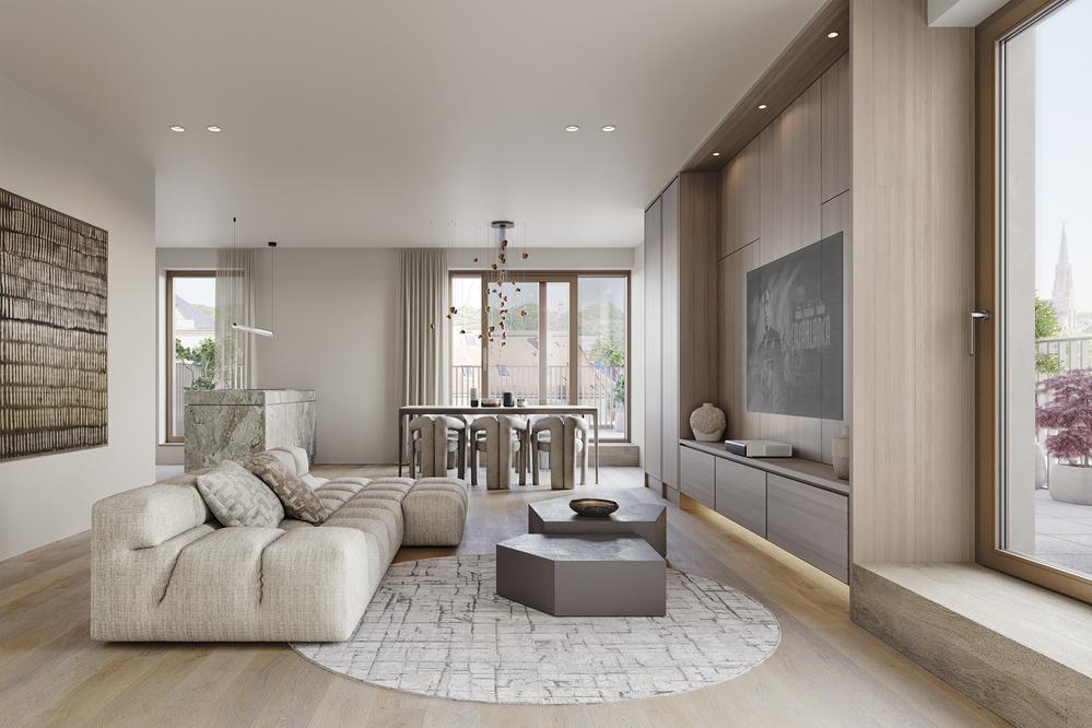 Bild Neubau L'Isar, München, Wohnzimmer mit Couch und Esstisch