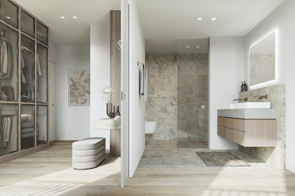 Bild Neubau L'Isar, München, Badezimmer mit bodengleicher Dusche