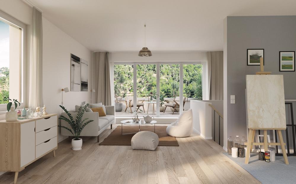 Bild Neubau Doppelhäuser und Reihenhäuser, Viverde Schriesheim: Heller Wohnbereich mit Zugang zur Terrasse