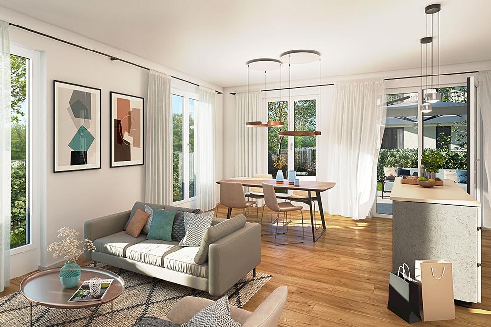 Bild Neubau Eigentumswohnungen Industriestraße München: Visualisierung eines hellen Wohnzimmers
