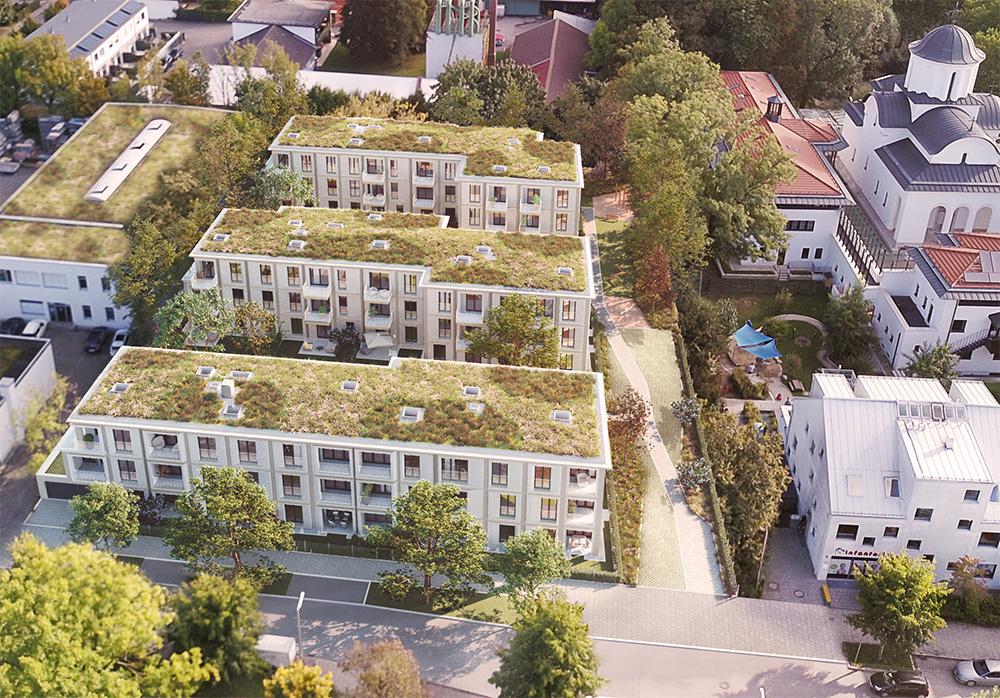 Bild Neubau Eigentumswohnungen Industriestraße München: Vogelperspektive auf das Neubauprojekt
