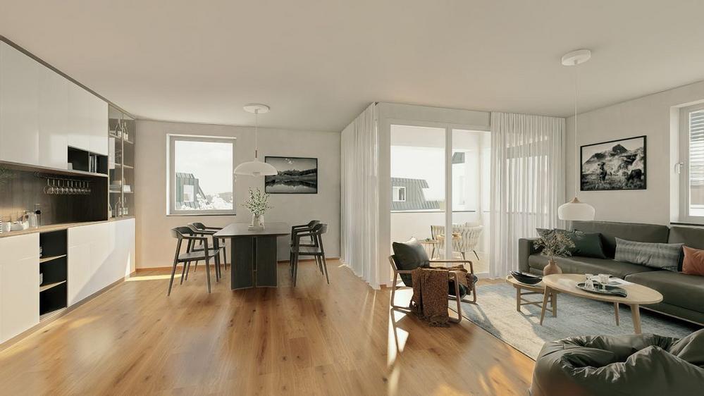 Bild Neubau Annemonenweg Meckenbeuren: Visualisierung eines hellen Wohnzimmers