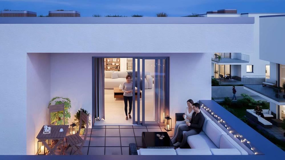 Bild Neubau Eigentumswohnungen Mainstraße Bad Camberg: Visualisierung eines Balkons mit Menschen