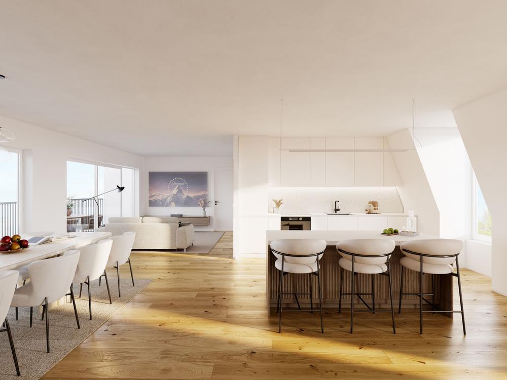 Bild Neubau Eigentumswohnungen Wohnen am Grafenberger Wald: Innenvisualisierung Wohn-/Kochbereich