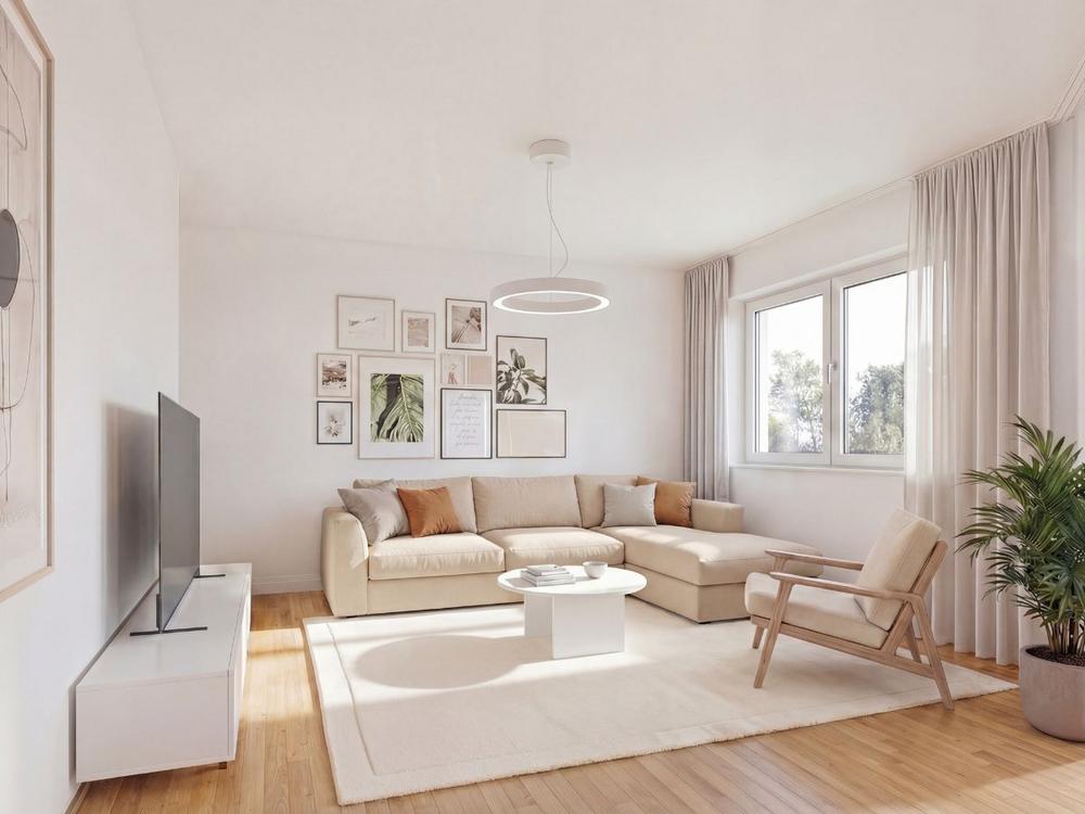 Bild Neubau Eigentumswohnungen Gaulskopfstraße Ober-Mörlen: Visualisierung eines hellen Wohnzimmers